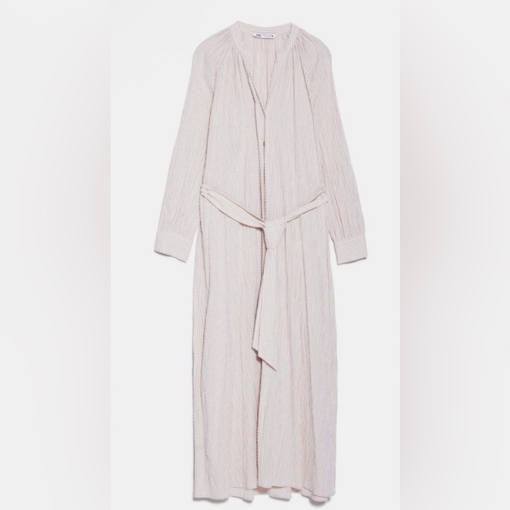 Zara Beige Striped Seersucker Dress with tie. Size MED